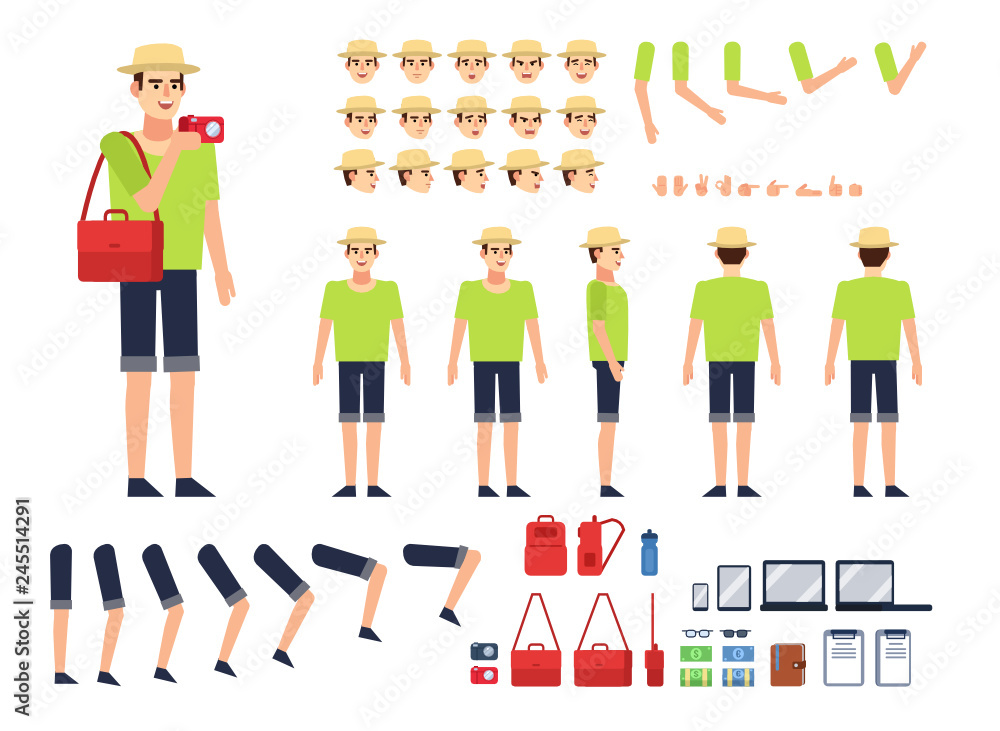 Tourist, traveler creation kit. Create your own pose, action, animation. Various emotions, gestures, design elements. Flat design vector illustration