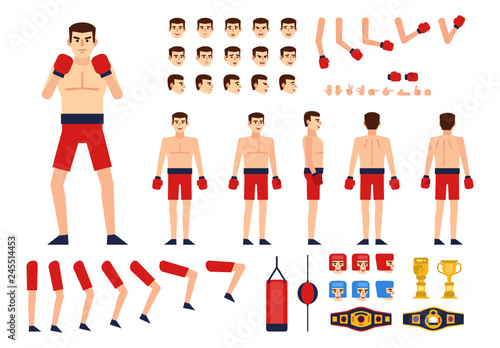 Boxer creation kit. Create your own pose, animation. Various emotions, gestures, boxing design elements. Flat design vector illustration
