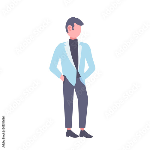 businessman holding hands in pockets business man wearing elegant fashion suit full length male cartoon character flat isolated