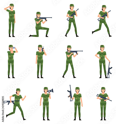 Set of military woman in green camouflage uniform. Female soldier holding gun, binoculars, loudspeaker, shooting, running and showing other actions. Flat design vector illustration