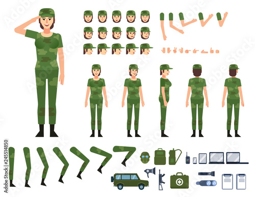 Female soldier in military clothing creation kit. Create your own pose, action, animation. Various emotions, gestures, design elements. Flat design vector illustration
