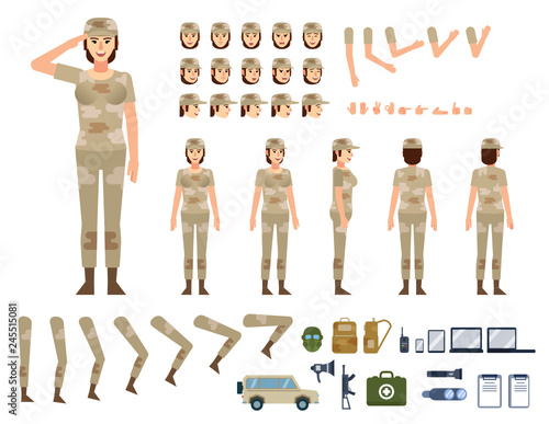Female soldier in military clothing creation kit. Create your own pose, action, animation. Various emotions, gestures, design elements. Flat design vector illustration