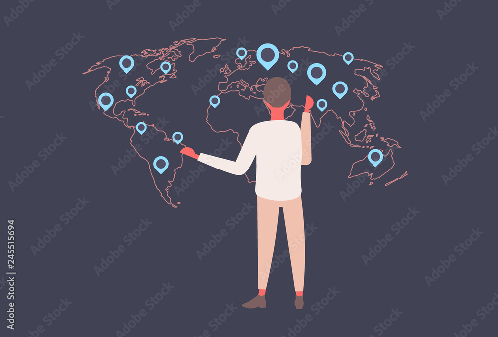 back rear view businessman choosing destination pointing world map geo tags location marks business corporate globalization concept geographic global presenting flat horizontal back rear view businessman choosing destination pointing world map geo tags location marks business corporate globalization concept geographic global presenting flat horizontal