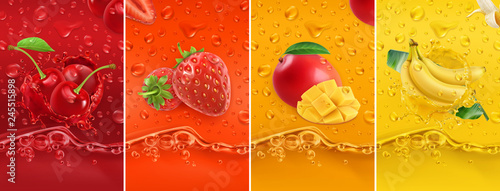 Juicy and fresh fruit. Cherry, strawberry, mango, banana. Dew drops and splash. 3d vector realistic set. High quality 50mb eps