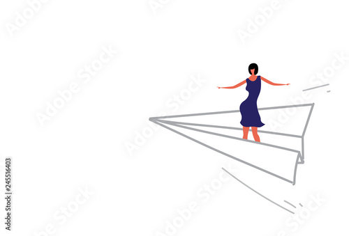 businesswoman flying origami paper plane business woman leadership direction concept girl standing on airplane sketch doodle horizontal