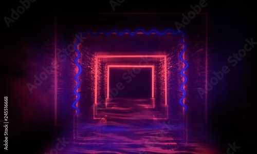 Abstract empty, old tunnel, corridor, arch, dark room, neon illumination, thick smoke, smog. Bright neon background. 3d illustration