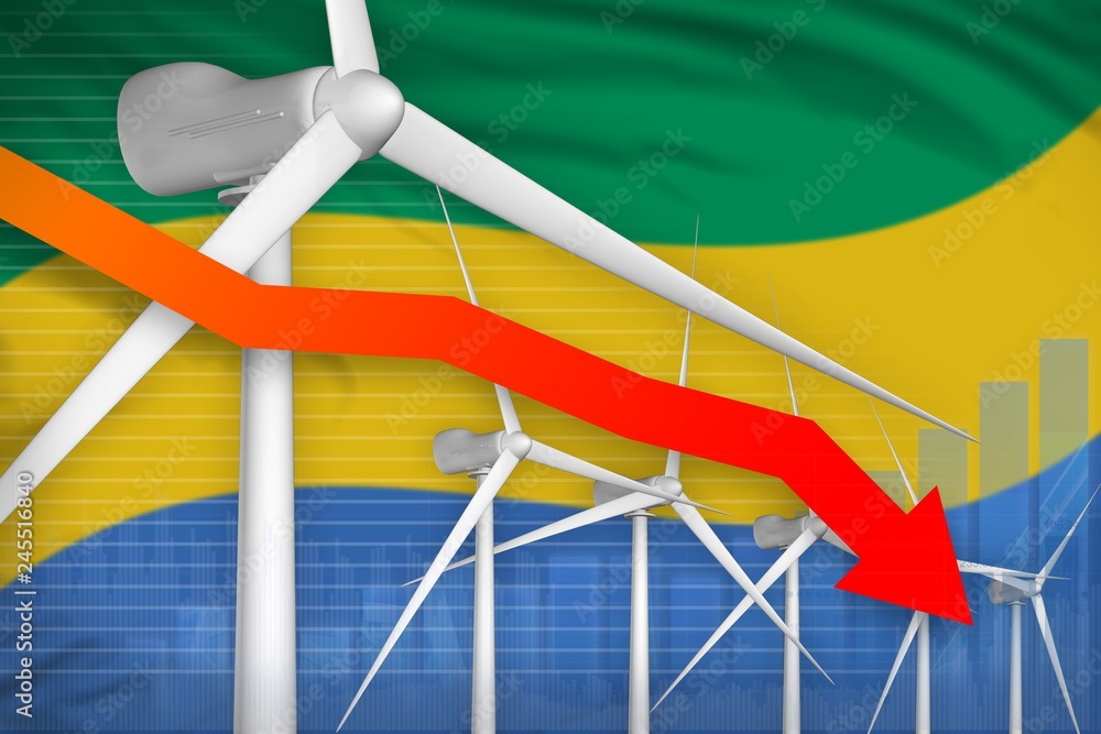 Gabon wind energy power lowering chart, arrow down - alternative natural energy industrial illustration. 3D Illustration Gabon wind energy power lowering chart, arrow down - alternative natural energy industrial illustration. 3D Illustration