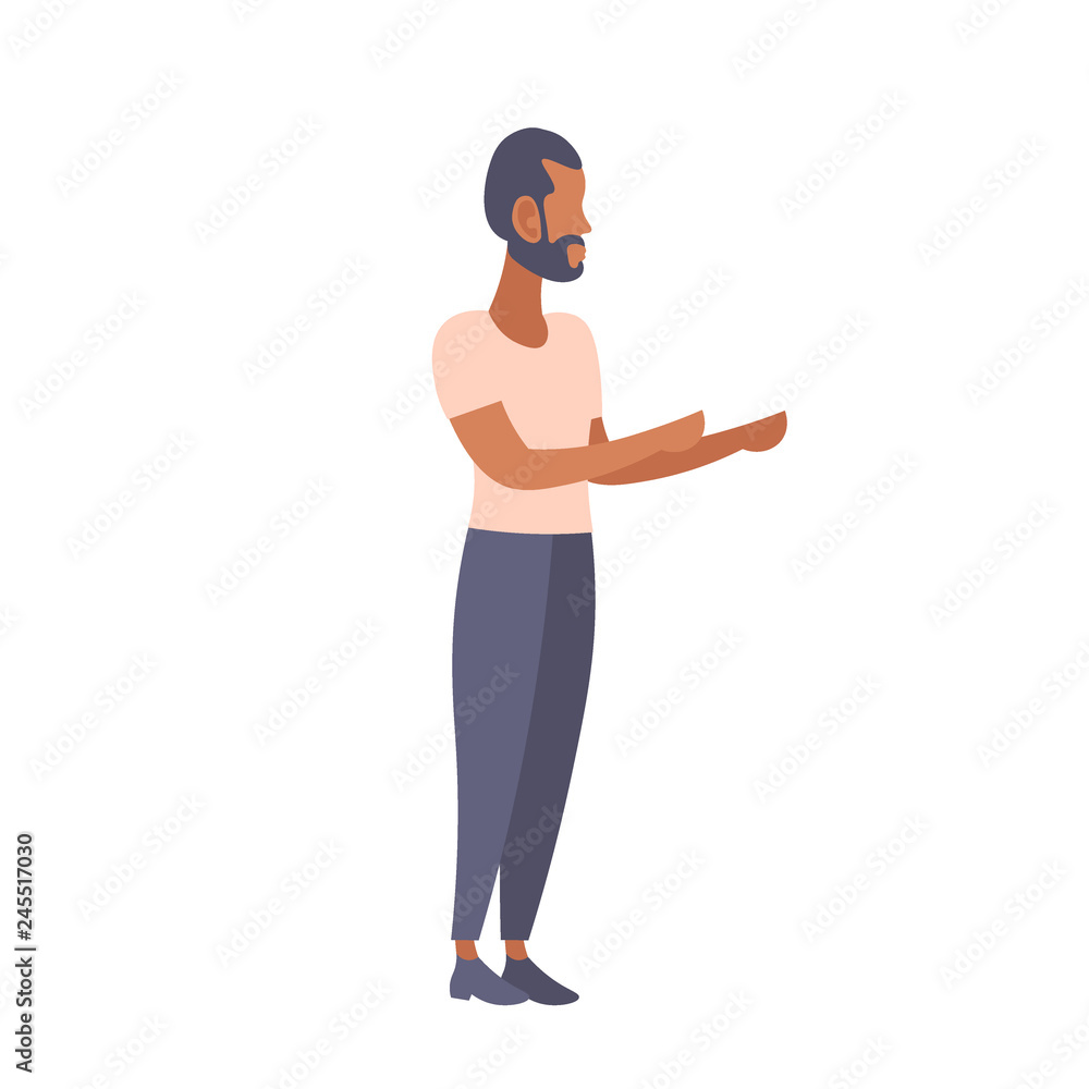 african american man pointing hands gesture business presentation concept casual guy freelancer full length male cartoon character flat isolated