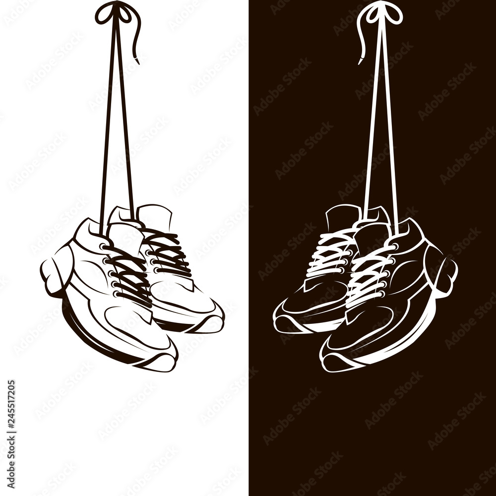 illustration with hanging on shoelaces shoes - obrazy, fototapety, plakaty 