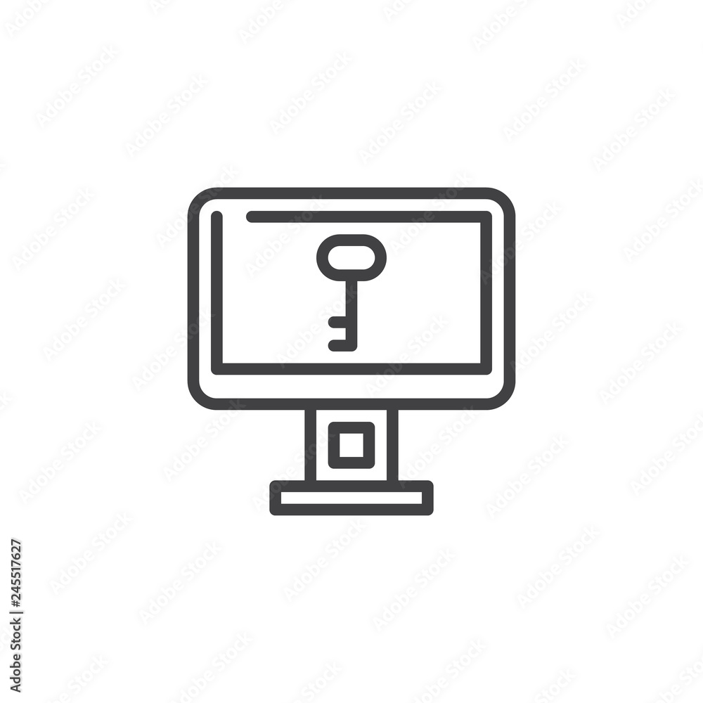Computer security, password line icon. linear style sign for mobile concept and web design. Computer monitor with key outline vector icon. Keyword symbol, logo illustration. Pixel perfect vector Computer security, password line icon. linear style sign for mobile concept and web design. Computer monitor with key outline vector icon. Keyword symbol, logo illustration. Pixel perfect vector
