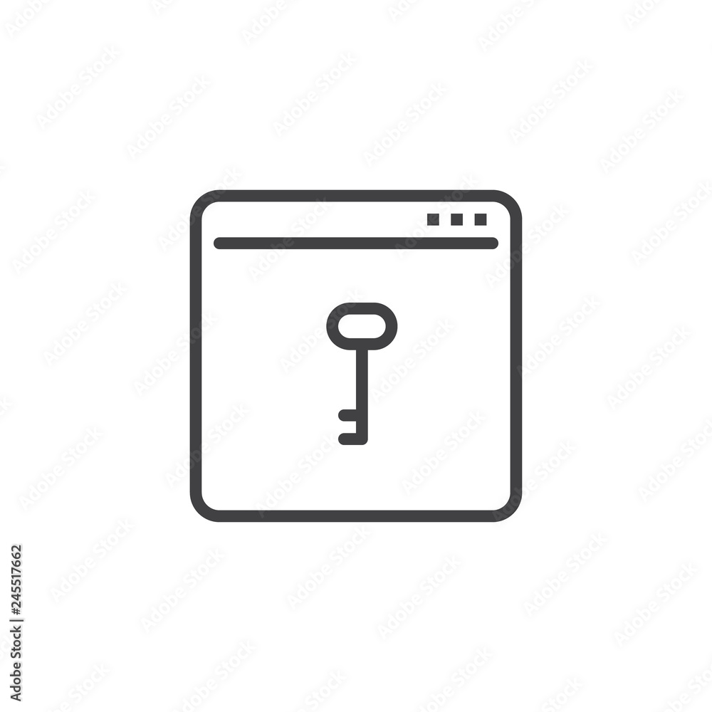 Browser window with key line icon. linear style sign for mobile concept and web design. Web security page outline vector icon. Symbol, logo illustration. Pixel perfect vector graphics Browser window with key line icon. linear style sign for mobile concept and web design. Web security page outline vector icon. Symbol, logo illustration. Pixel perfect vector graphics