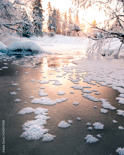 Icy winter sunset river