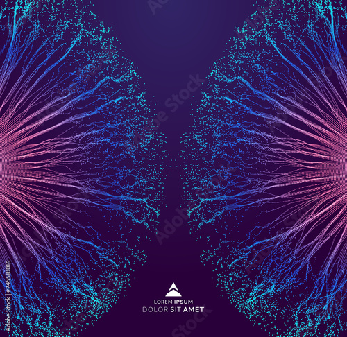 Point explode. Array with dynamic emitted particles. 3d technology style. Abstract background. Vector illustration.