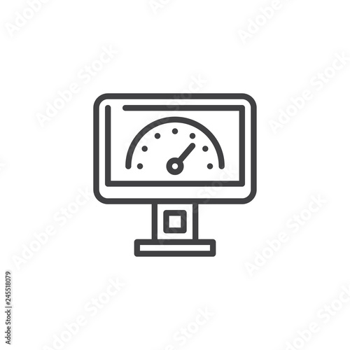Speed test screen line icon. linear style sign for mobile concept and web design. Computer monitor with speed test outline vector icon. Gauge symbol, logo illustration. Vector graphics