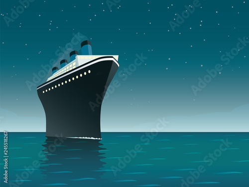 Vintage Cruise Ship on the Ocean at night