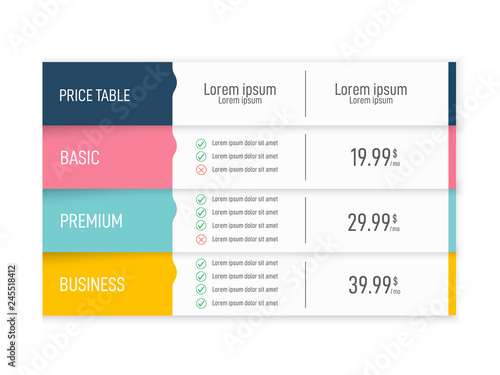 Price table for websites and applications. Business template. 