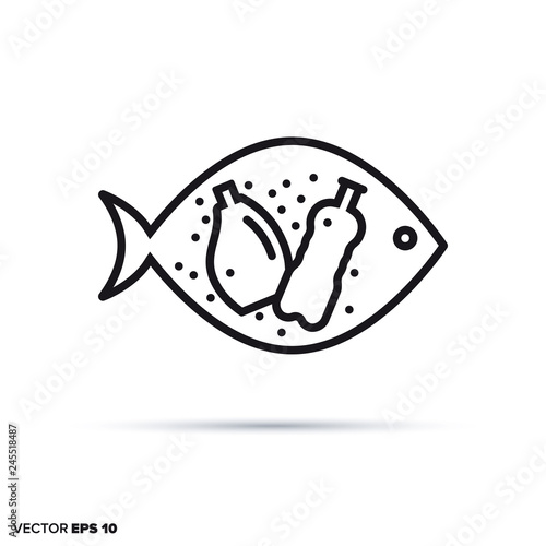 Microplastic in fish vector line icon. Water pollution symbol.