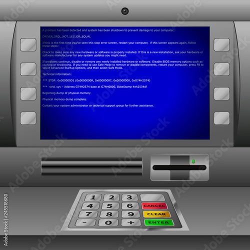 Realistic ATM machine with keypad and blue BSOD error message on display