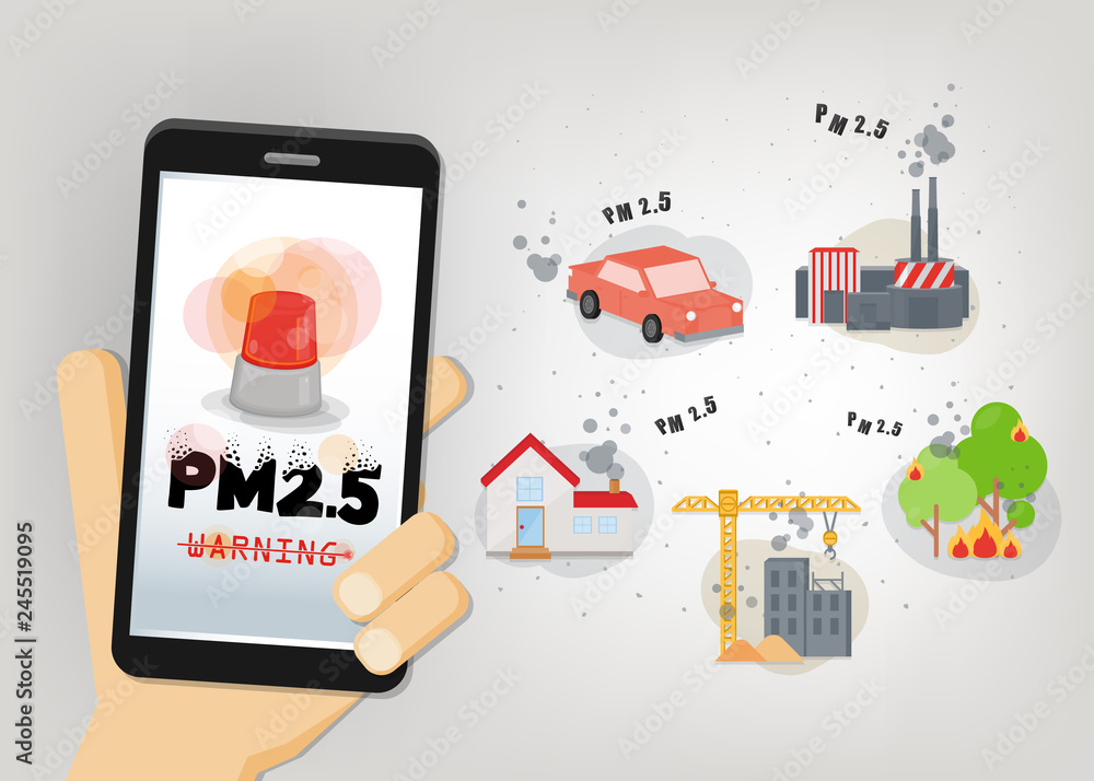 Warning alert PM 2.5 in dust meter application by smartphone.PM 2.5  Infographic. Information about dust PM2.5 source. Air pollution. Stock  Vector | Adobe Stock