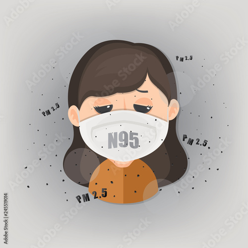 Woman is wearing n95 mask to protect outdoor air pollution. PM 2.5 in dust meter.