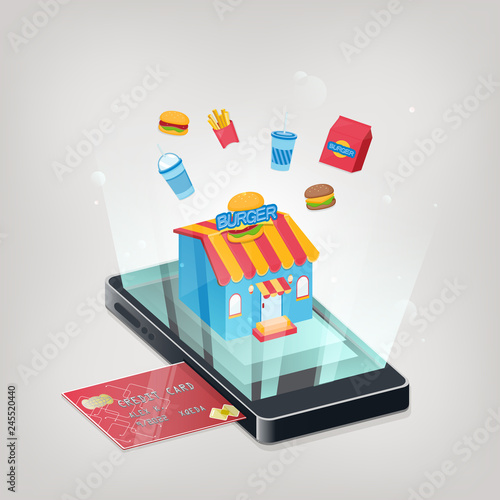 Burger restaurant isometric with mobile phone. Shopping Online Mobile Phone VECTOR
