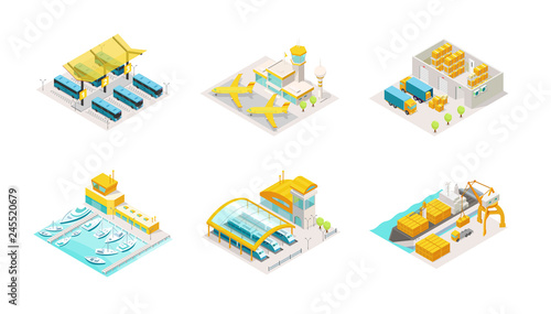 Set of transportation isometric. Bus station, airplane airport, delivery service warehouse and truck. Shipping by sea boat and containers on a barge, train station logistic.