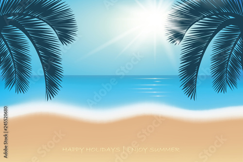 Fototapeta Naklejka Na Ścianę i Meble -  summer holiday postcard palm trees on paradise beach vector illustration EPS10