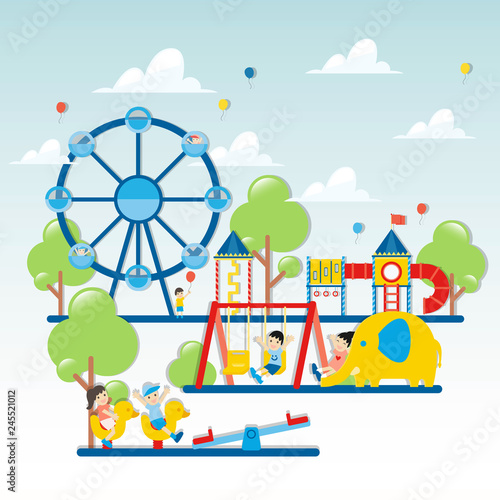 Colorful playground. Kids playground with playing equipment. - Vector