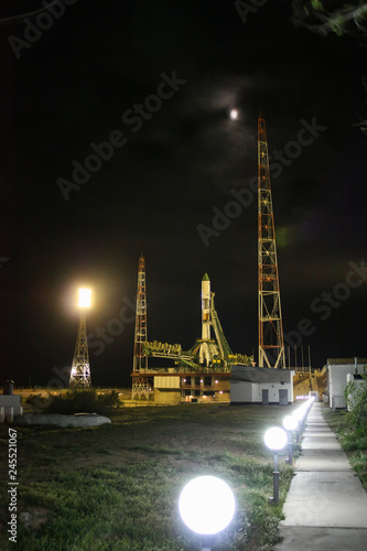 Spaceship at the launch complex at night, Baikonur, Kazakhstan