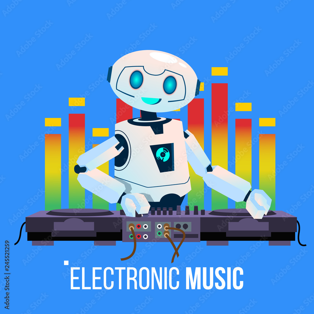 Robot Dj Leads The Party Playing Electro Music At Mixing Console In Night Club Vector. Isolated Illustration Robot Dj Leads The Party Playing Electro Music At Mixing Console In Night Club Vector. Isolated Illustration