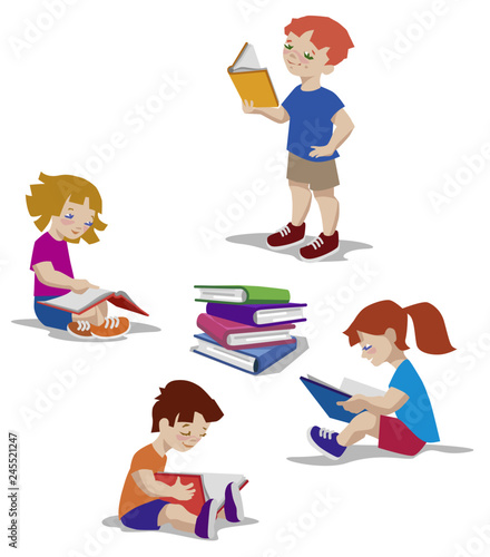 Vector illustration of kids reading books.
