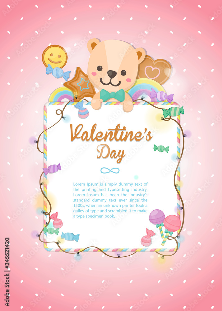 Happy Valentine's day, holiday colorful bear and dessert on pastel background. Greeting card for Valentine's day Happy Valentine's day, holiday colorful bear and dessert on pastel background. Greeting card for Valentine's day