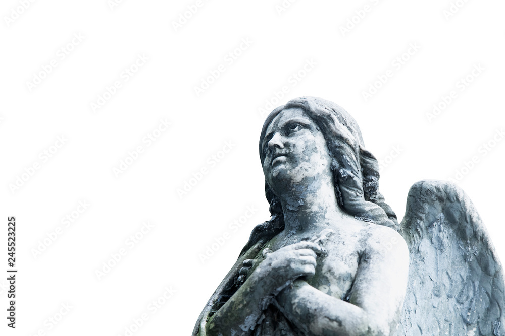 Vintage image of a sad angel isolated on white background. Religion, faith, death, resurrection, eternity concept.
