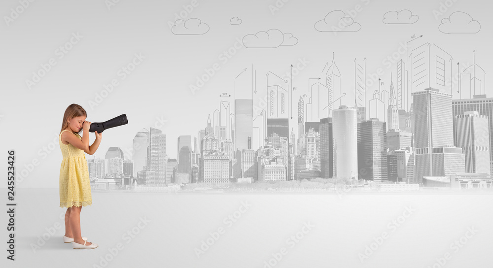 Cute little girl looking through spyglass to a big city
