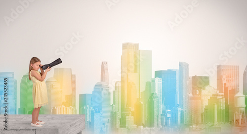 Kid looking through spyglass from the top of a building to a big colorful city 