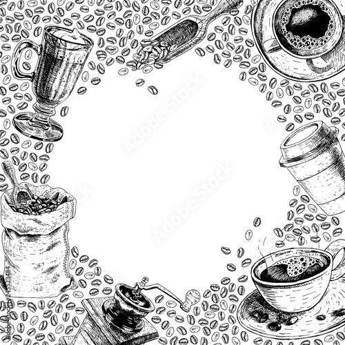 Circle with coffee sketch. Vintage vector illustration