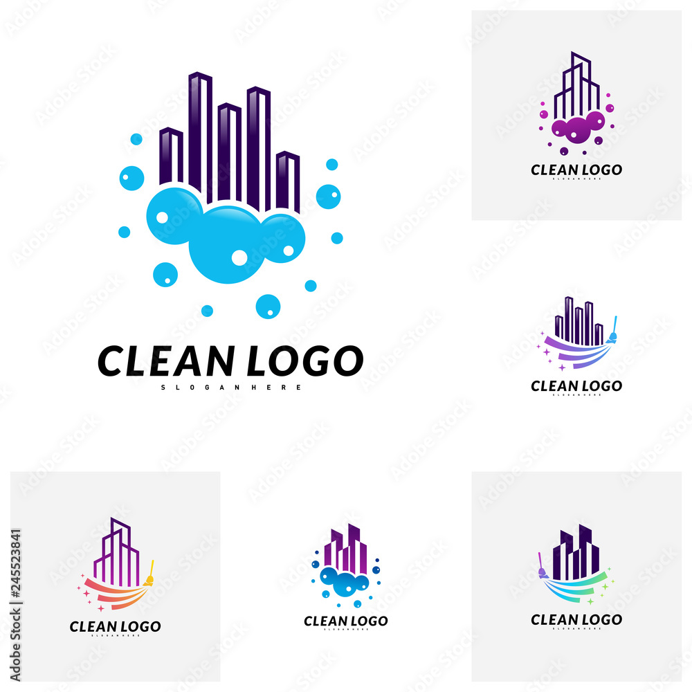 Set of Modern City Cleaning Logo Design Concept. Building Cleaning Logo Template