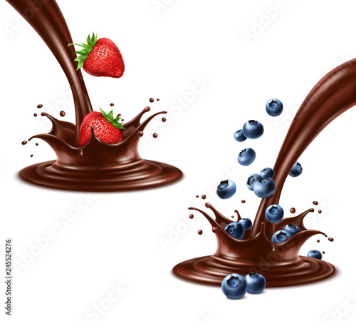 Strawberry and blueberry splashing in chocolate