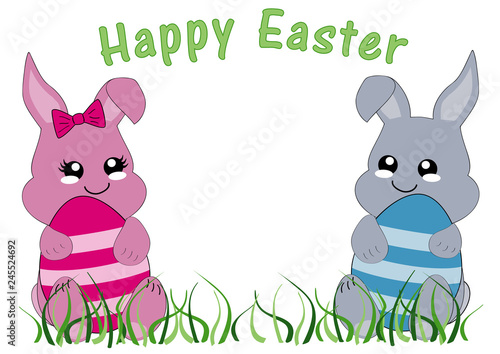 Kawaii Osterkarte mit Hasenmädchen, Hasenjungen und dem Text frohe Ostern. Vektor Datei EPS 10
