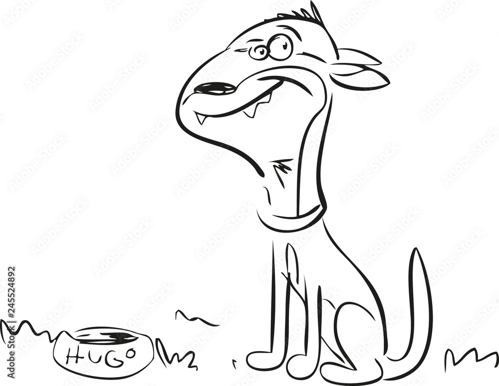 Kleiner Comic Hund sitzend vor seinem Napf Stock Illustration | Adobe Stock