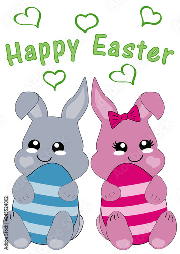 Kawaii Osterkarte mit niedlichem Hasenpärchen und dem Text frohe Ostern. Vektor Datei EPS 10