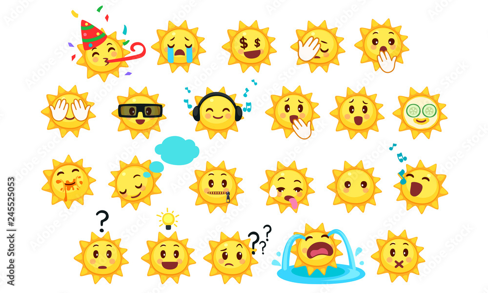 Collection of difference emoticon icon of cute sun cartoon on white background vector illustration part 4 Collection of difference emoticon icon of cute sun cartoon on white background vector illustration part 4
