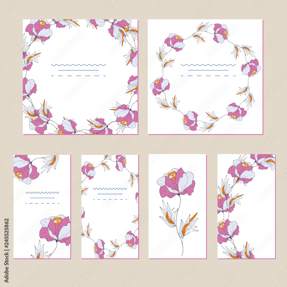 Botanical card with wild flowers and leaves. Spring ornament concept. Floral poster, invite. Vector layout decorative greeting card or invitation design background. Hand drawn illustration.