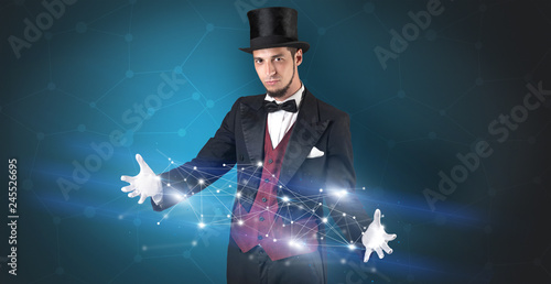 Magician with blue background and geometrical connection between two hands