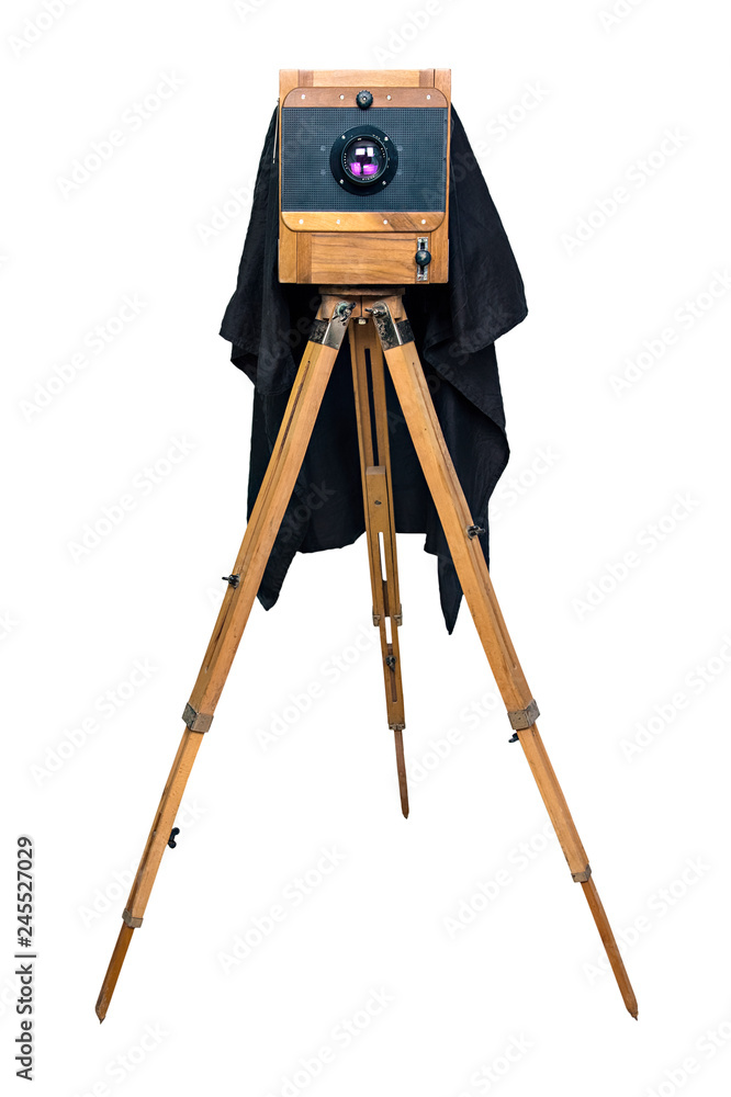 old wooden camera on a tripod isolated on white background foto de Stock |  Adobe Stock