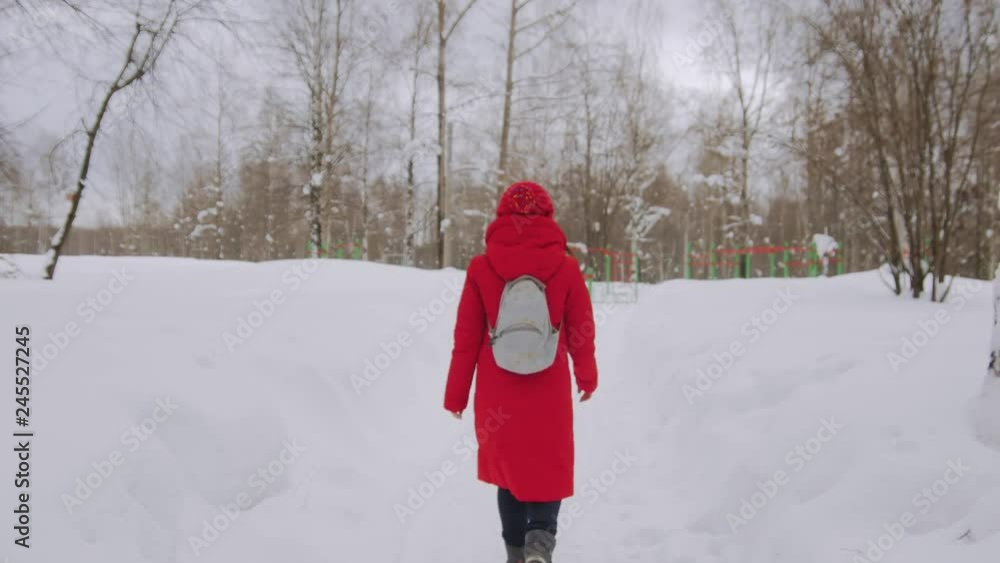 Woman walking alone in winter landscape in moody weather hiking girl wearing red jacket with hood walk in snowy landscape Woman walking alone in winter landscape in moody weather hiking girl wearing red jacket with hood walk in snowy landscape