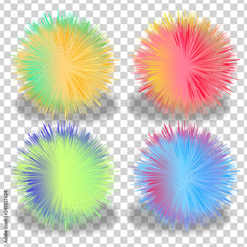 set of balls with fur effect. colorful shaggy ball. Colorful cartoon fluffy pompons. Fur balls. Vector isolated on white background.