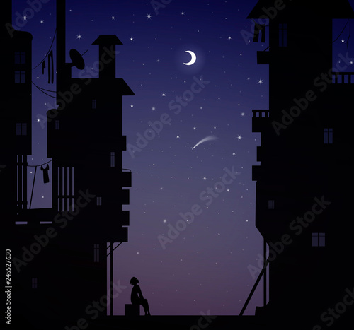 night dreamer, boy sits near the city houses and look at the stars, dreams