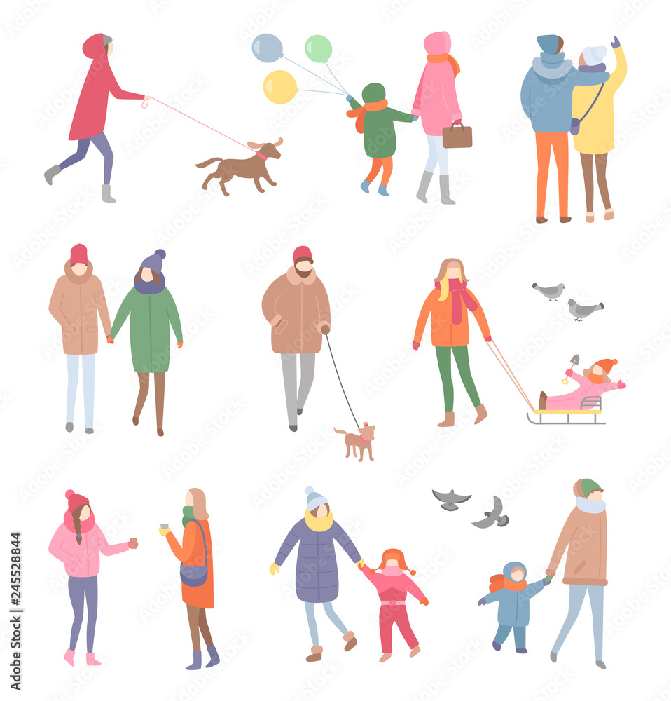 Set of Walking People in Winter Vector Isolated