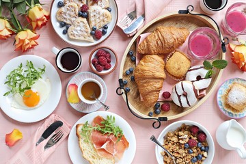 
    Brunch. Festive family breakfast set for Valentines day, Mothers day or Easter. Pink background